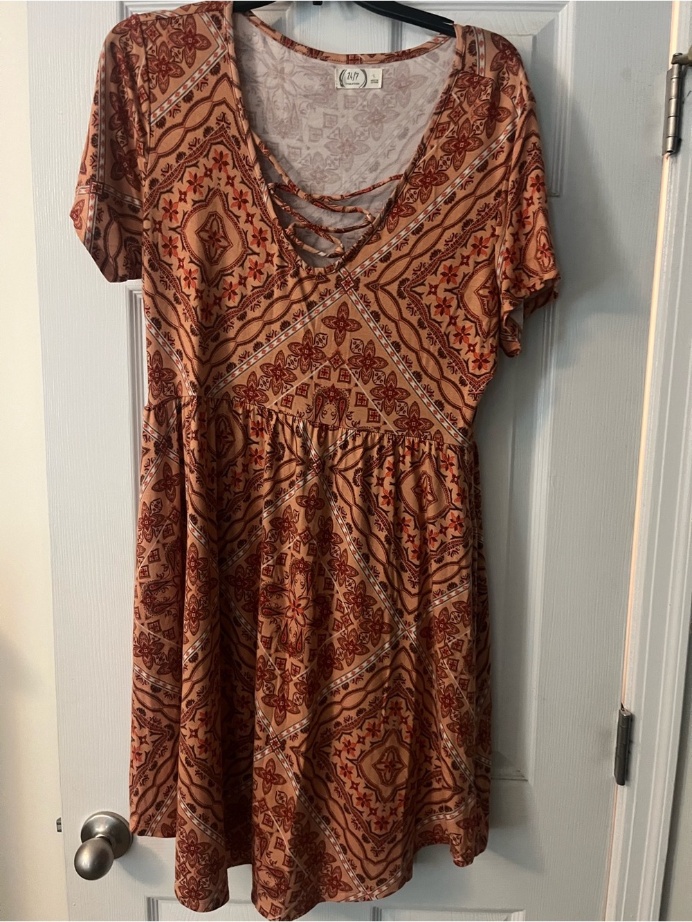 Maurices Coral Paisley Crisscross V-Neck Mini Dress